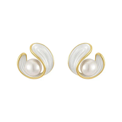 Gold Pearl and White Enamel Stud Earrings