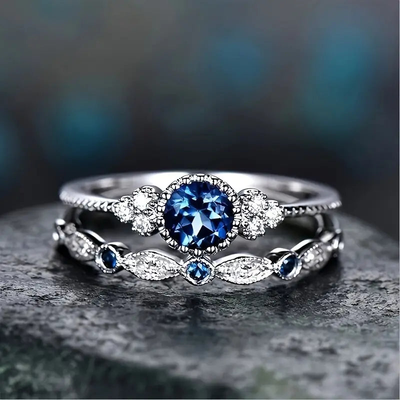 Sophisticated Silver Sapphire Ring Set