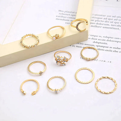 10-Piece Bohemian Ring Set in Silver and Gold