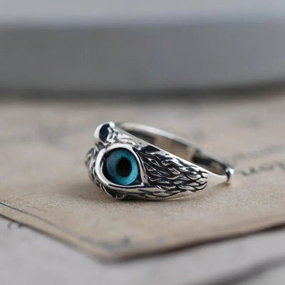 Silver Adjustable Ring with Opal and Lucky Owl Design"