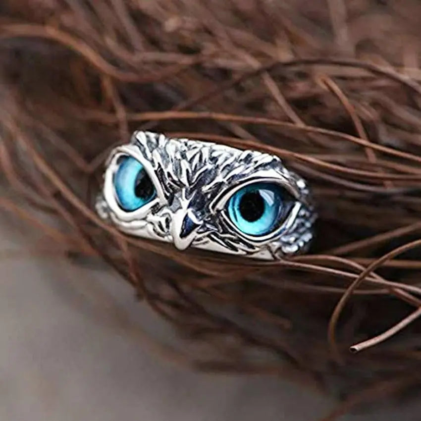 Silver Adjustable Ring with Opal and Lucky Owl Design"