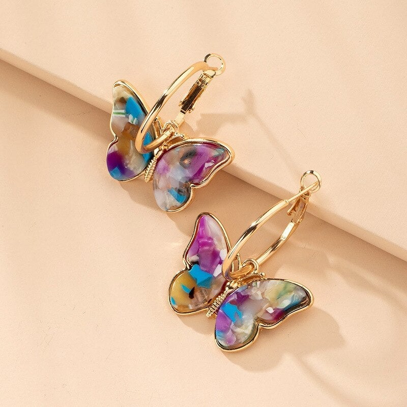 Gold Multicolor Butterfly Hoop Earrings