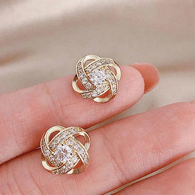 Gold Spiral Floral Crystal Stud Earrings