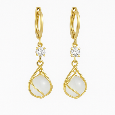 Gold Wire Wrapped White Opal Drop Earrings