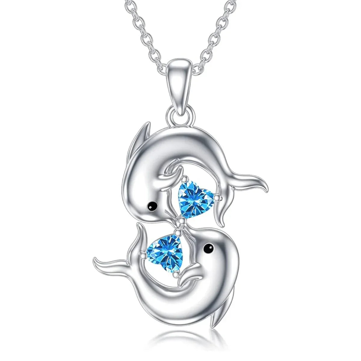 Silver Twin Dolphin Blue Crystal Necklace