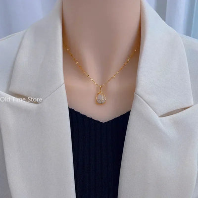 Elegant Gold Tulip Pink Crystal Pendant Necklace