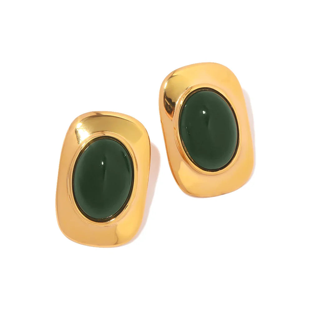 Vintage 18K Gold Plated Green Opal Oval Earrings