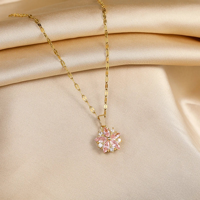Romantic Pink Sakura Stainless Steel Necklace