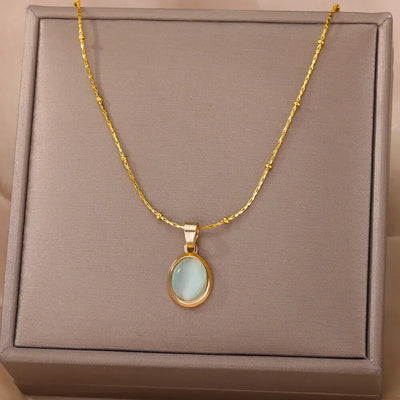 Chic Gold Stainless Steel Water Drop Opal Pendant Necklace