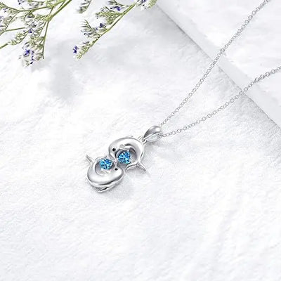 Silver Twin Dolphin Blue Crystal Necklace