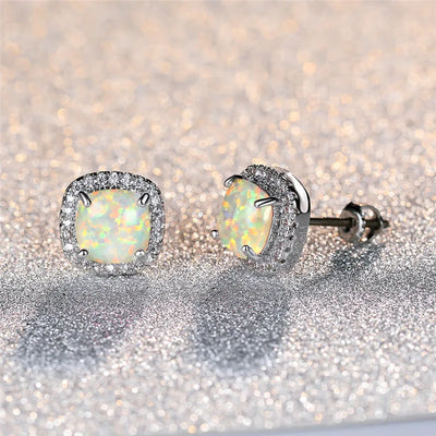 Elegant Silver Round White Fire Opal Stud Earrings