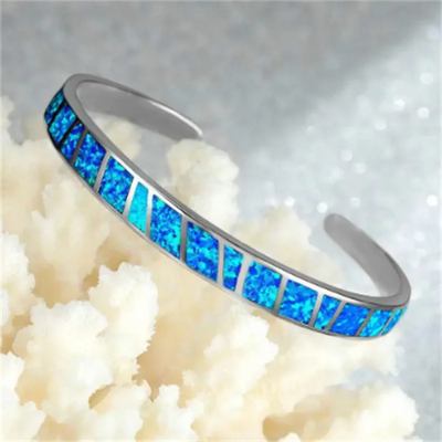 Elegant Silver Blue Fire Opal Adjustable Bangle