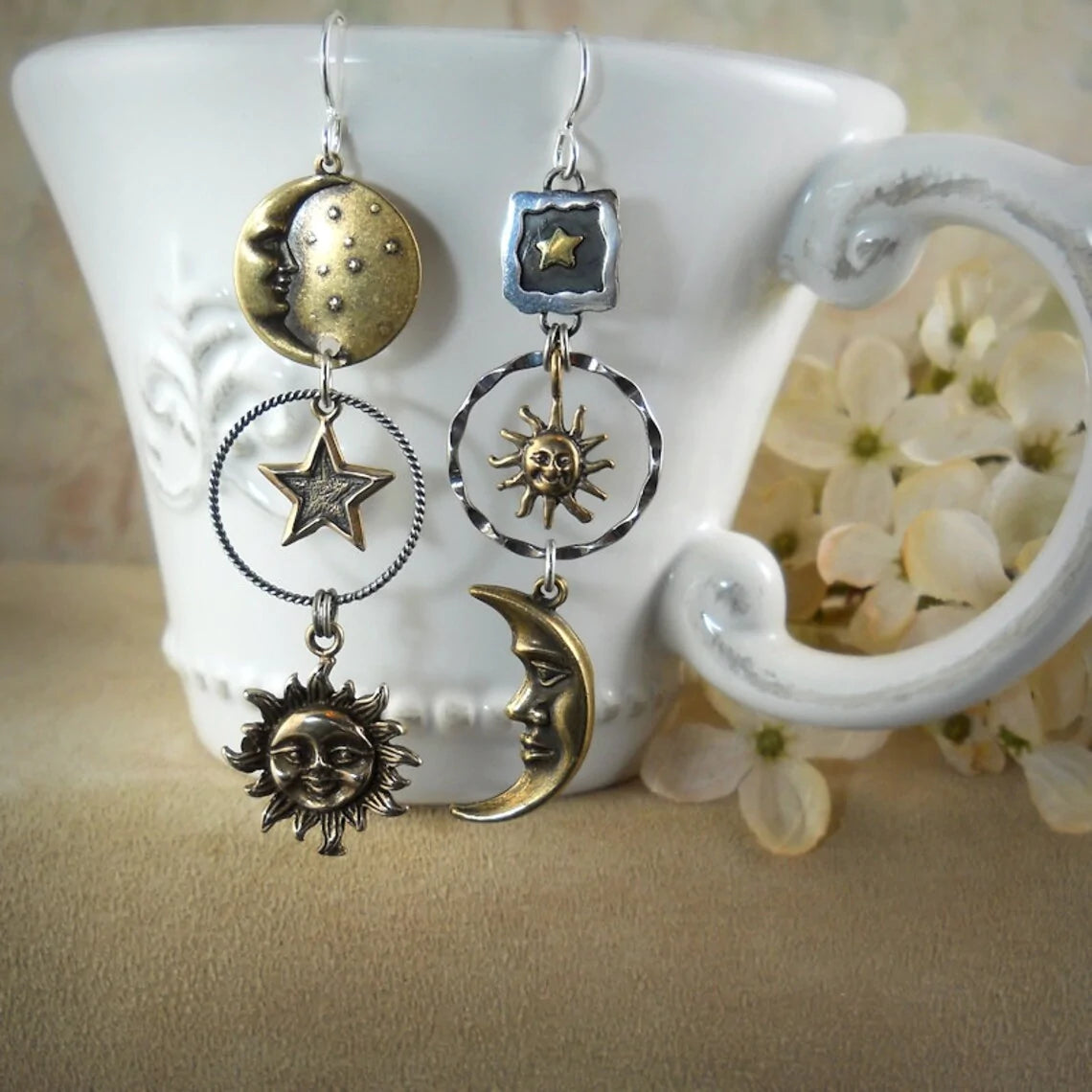 Sun-Moon Pendant Drop Earrings