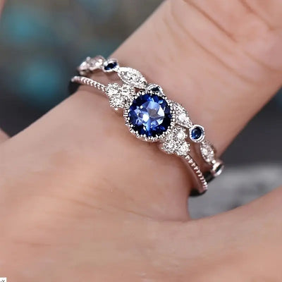 Sophisticated Silver Sapphire Ring Set