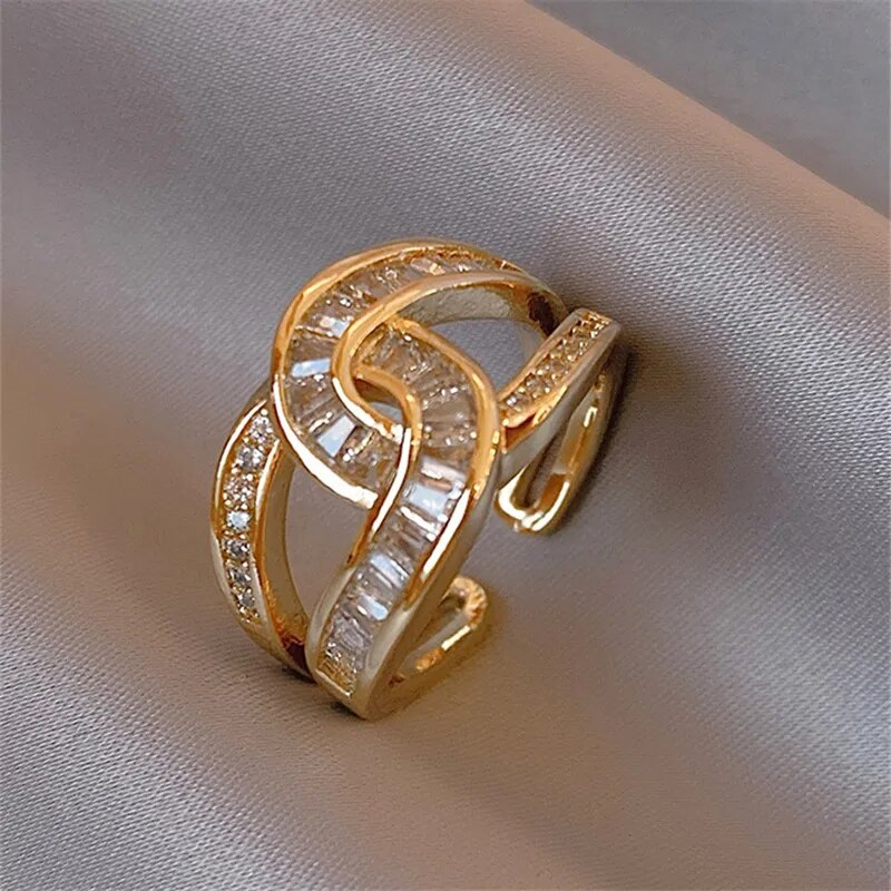 Gold Knotted Crystal Statement Ring