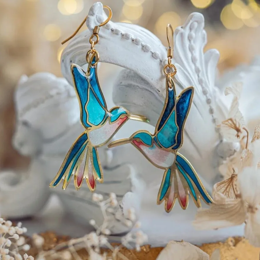 Gold Blue Enamel Hummingbird Drop Earrings